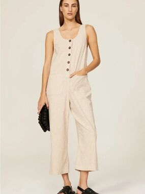 Sleeveless Button-Front Wide-Leg Jumpsuit in Light Beige marine layer